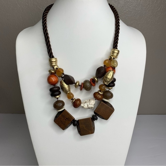 Chico’s Triple Strand Shades of Brown Chunky Stones & Wooden Chunks Necklace - Picture 1 of 6